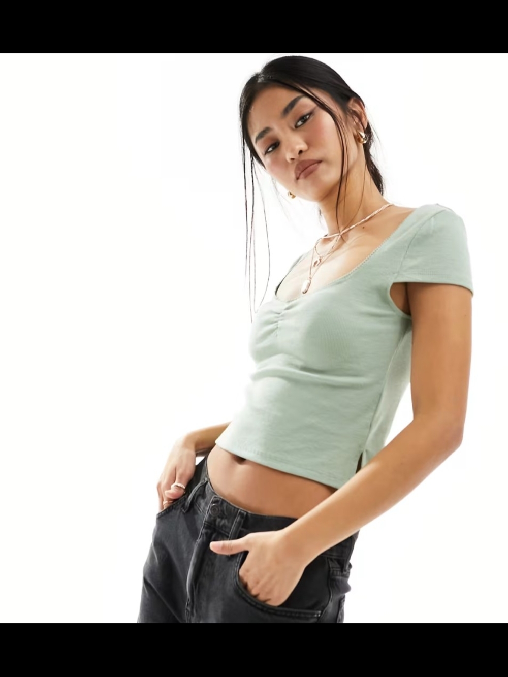 Cotton On Green Ribbed Knit Cropped Scoop Neck Short Sleeve Top Women's Size S